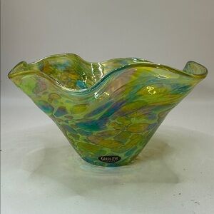 Glass Eye Studio Handcrafted Green and Blue Glass Art Glass Bowl. Stunning color